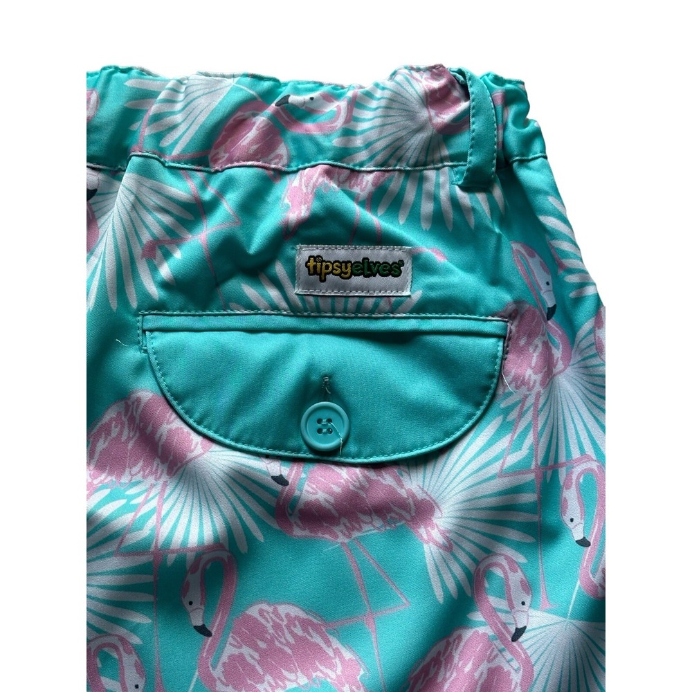 Tipsy Elves Womens Pants Cropped Teal Pink Flamingo Hook Loop‎ Hems Poly Spandex